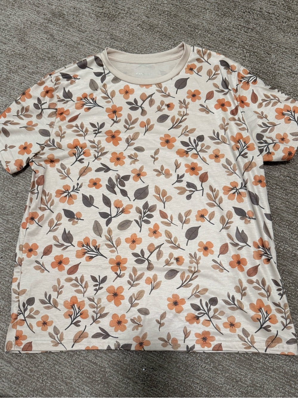 SHEIN Cream Short Sleeve Tee with Orange Floral Print